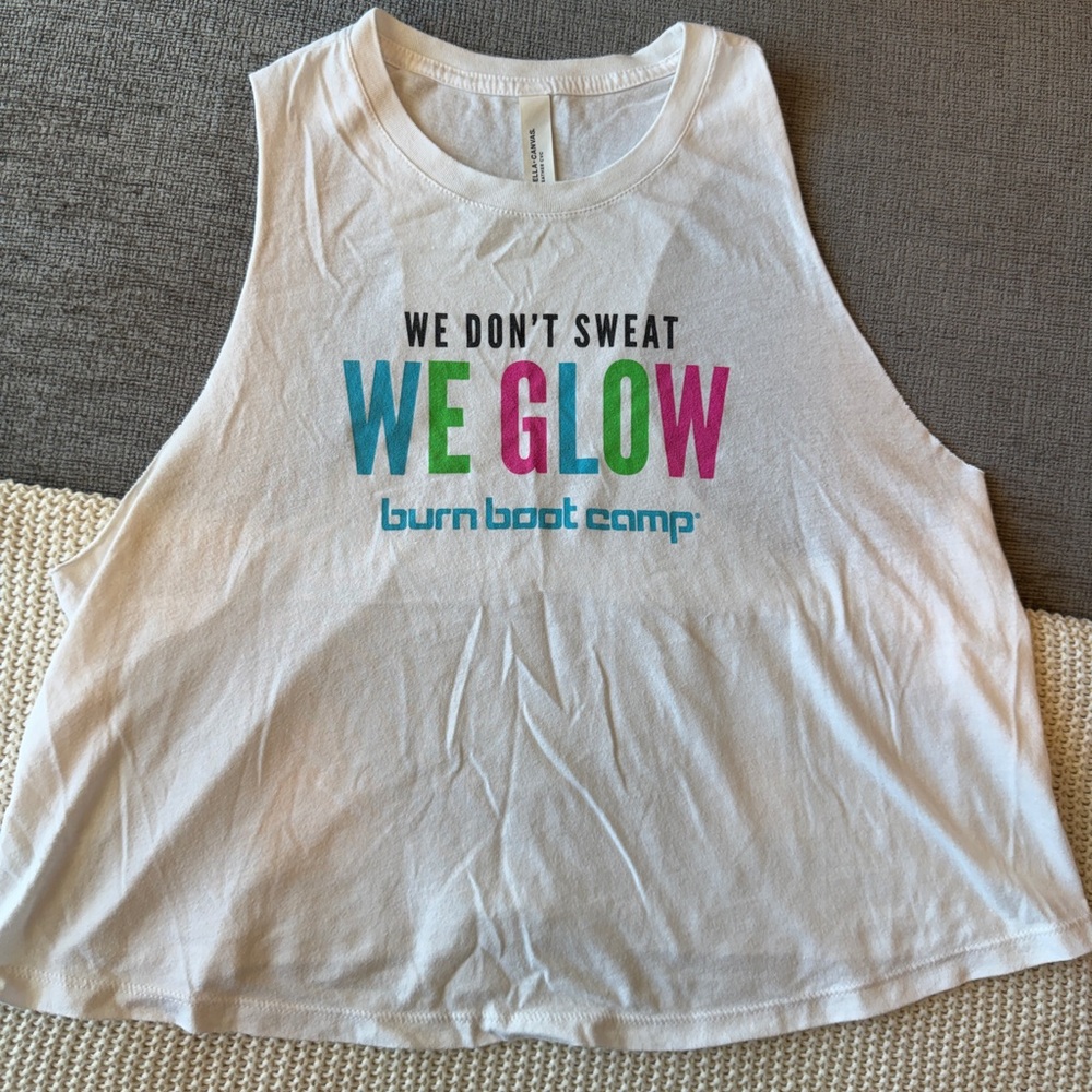 Burn Boot Camp Women’s White Muscle Tee — We Glow Print